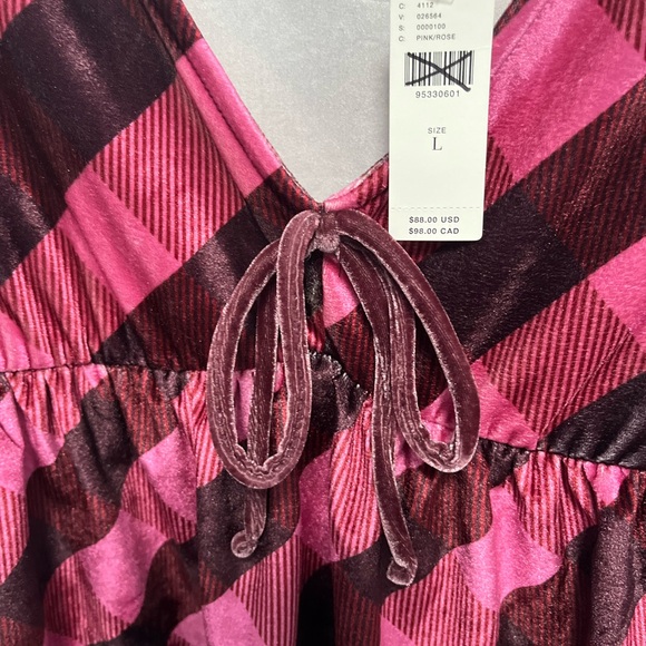 Maeve Anthropologie Velvet Babydoll Top pink brown plaid puff NWT Large - Picture 4 of 9